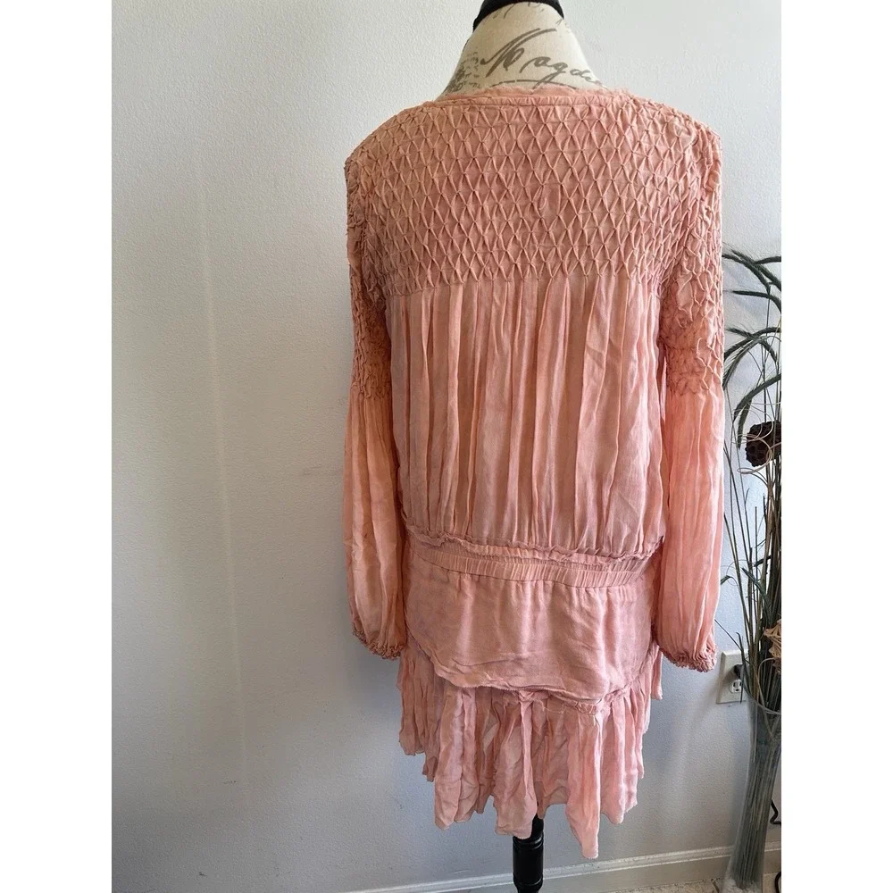 LoveShackFancy Marsala Pink Mini Dress Tiered Tie Smocked Long Sleeve Ruffle‎ M